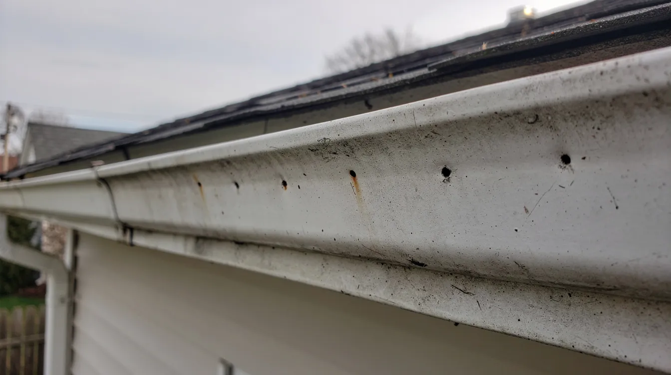 The image shows a normal-looking residential white gutter that appears worn out, with visible pinholes indicating potential gutter leaks. This casually taken photo captures the gutter in a natural setting, highlighting the need for regular maintenance and possible repairs to fix small leaks and seal gutter seams.