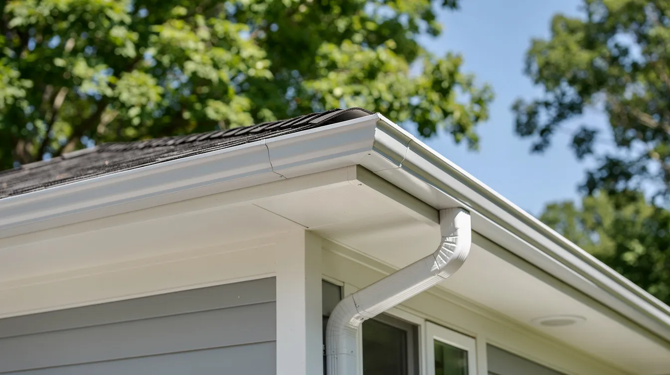 The image shows a newly installed seamless aluminum gutter running along the roofline of a residential house, with lush green trees in the background. This gutter system is designed to effectively manage rainwater flow, preventing issues such as water pooling and protecting the home's foundation.