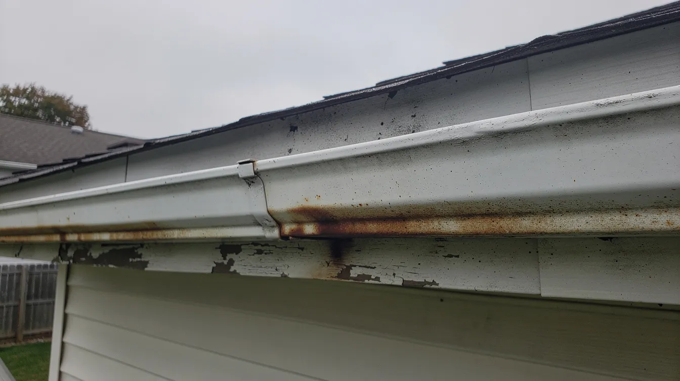 The image shows a worn-out, rusty white residential gutter taken in casual iPhone quality, with visible signs of wear and tear, including small holes and sagging sections. This gutter, part of a typical home’s gutter system, may be prone to leaks, requiring regular maintenance and possible repairs to prevent water pooling near the foundation.
