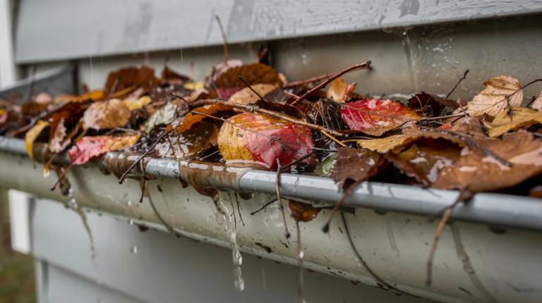 Close up of residential gutter clogged with leaves