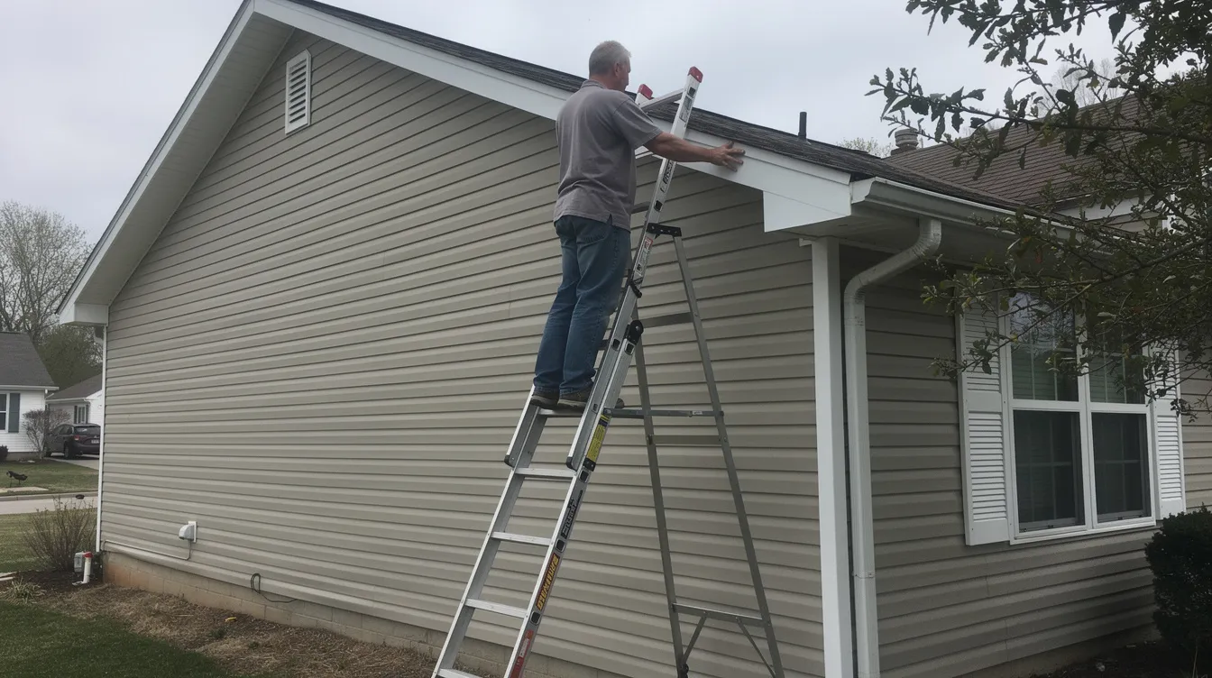A person is standing on an extension ladder next to a residential house, inspecting the gutters along the roofline for any signs of leaks or damage. The casual shot captures the individual examining the gutter seams, likely looking for small holes or cracks that may require repairs or sealant to prevent water from pooling near the home's foundation.